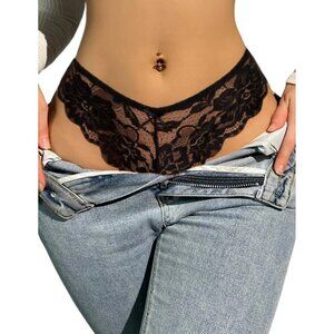 Women Black Floral Lace Panties Sexy Hipster Underwear V-Shape Waistband Tangas